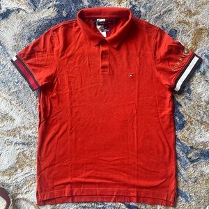 Tommy Hilfiger icon flag cuff tipping slim fit pique polo in burgundy size L